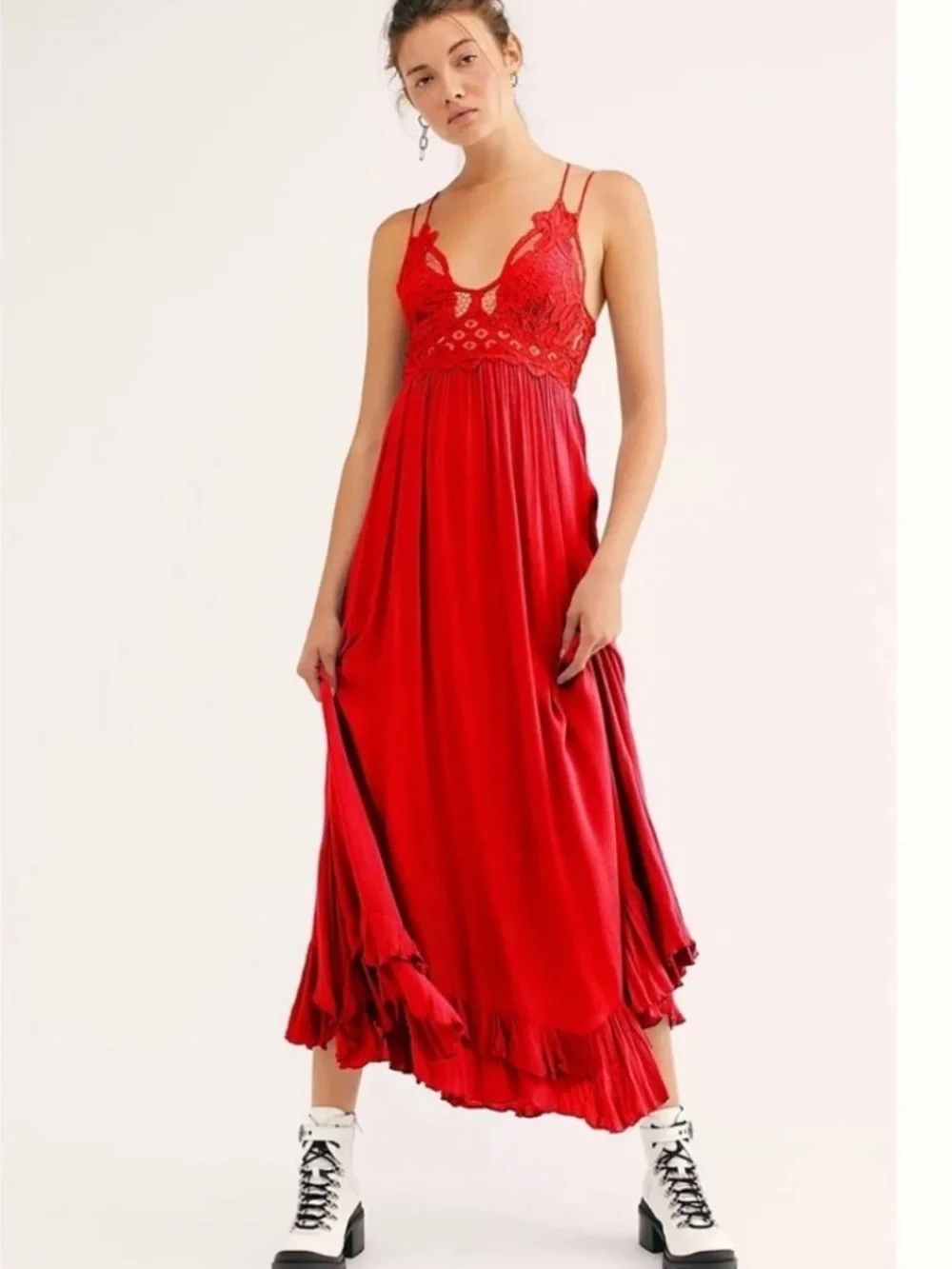 Free People Adella Red Lace-Trim Maxi Dress